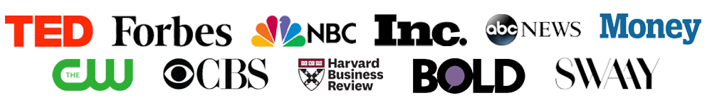 A banner with text on it with different colors with the word TED ABC NEWS FORBES NBC Harvard business review written on it